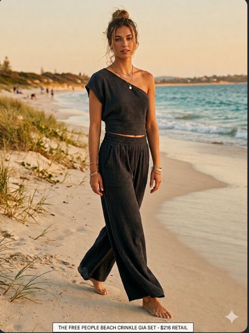 2 Piece Free People Beach Crinkle Pant & One-Shoulder Set S ✨NWT